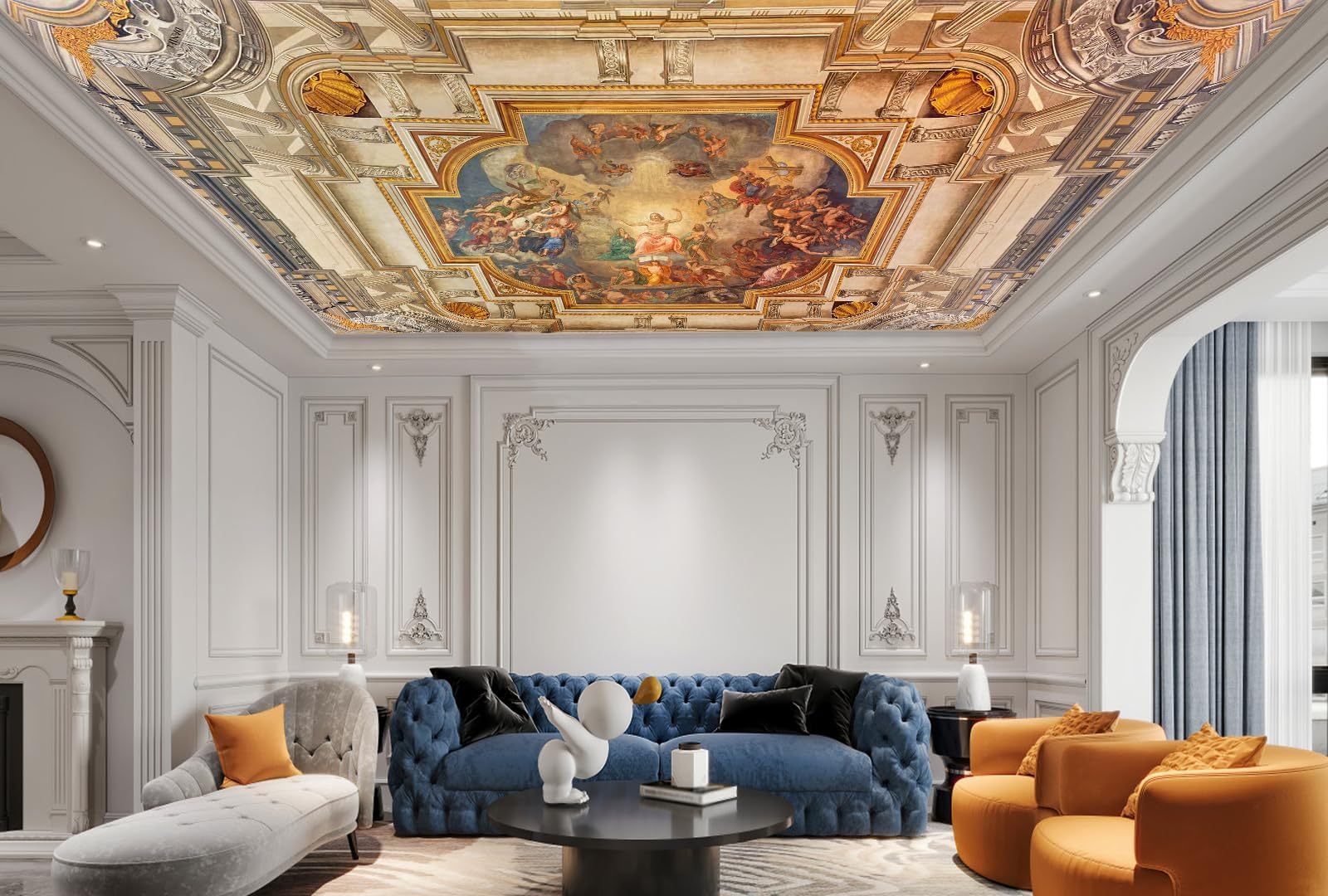 Gold Rome Church Ceiling Wallpaper Mural Renaissance Art Wall Mural Baroque Art Wall Decoration for Bedroom Living Room (Not Self-Adhesive)