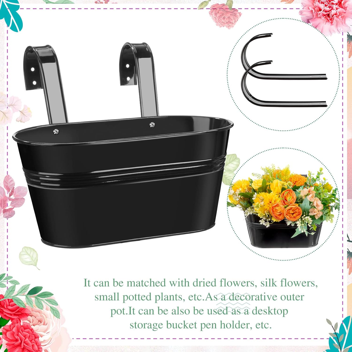 Foaincore 9 Pcs Metal Iron Railing Planter Oval Fence Hanging Flower Pot Garden Balcony Plant Box Holder Indoor Outdoor Hanging Bucket for Wall Home, 10.8 Inch (Black)