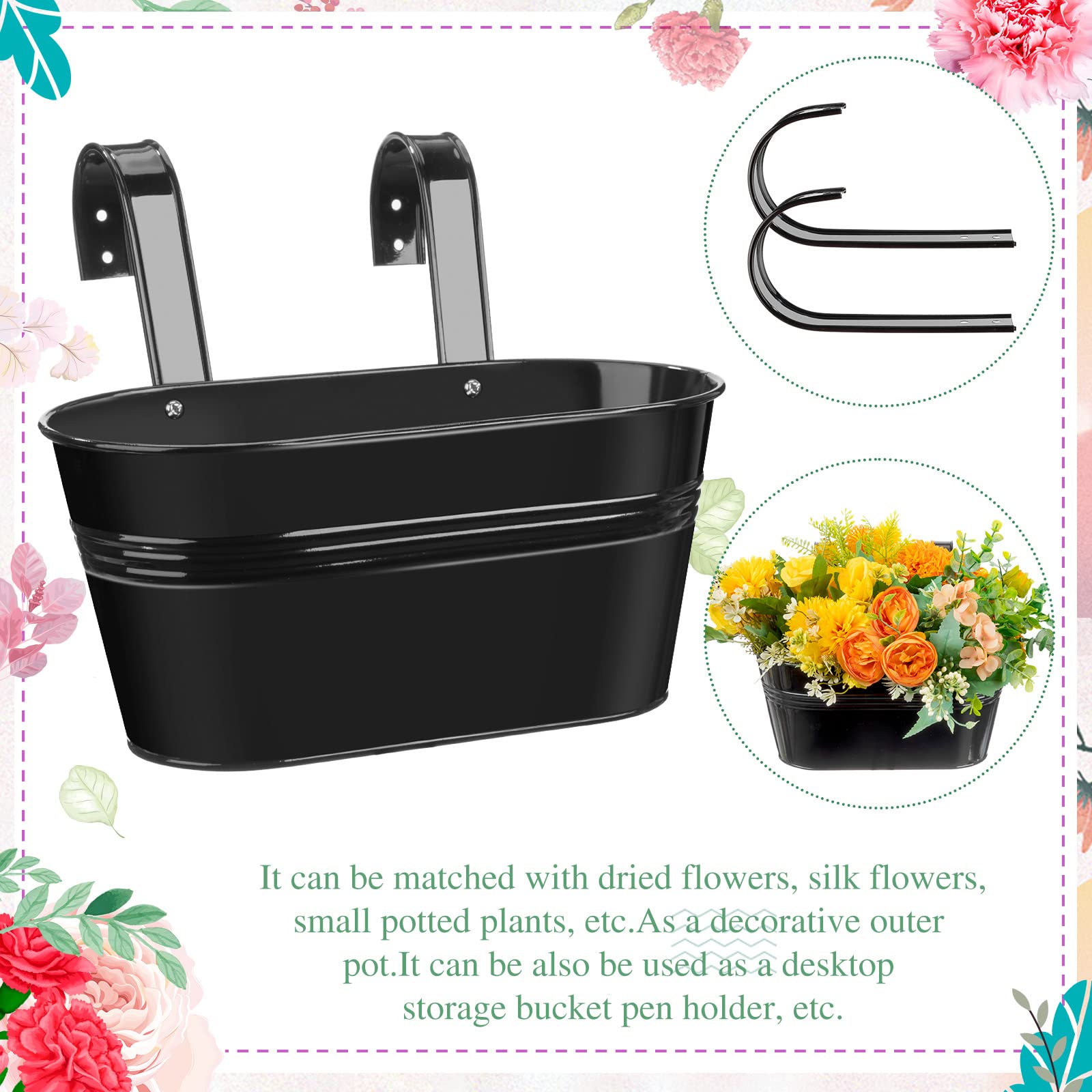 Foaincore 9 Pcs Metal Iron Railing Planter Oval Fence Hanging Flower Pot Garden Balcony Plant Box Holder Indoor Outdoor Hanging Bucket for Wall Home, 10.8 Inch (Black)