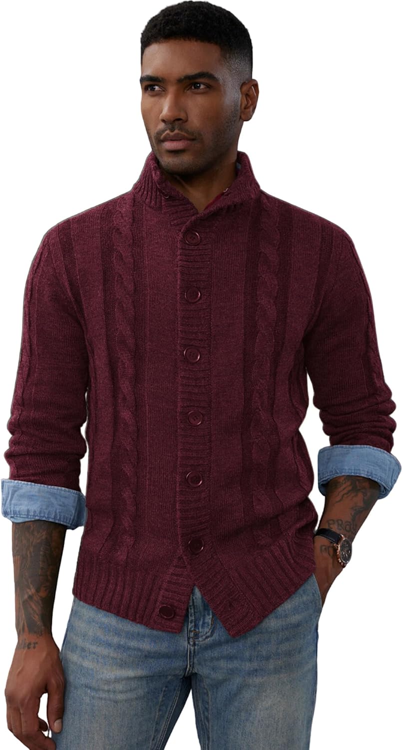 PJ PAUL JONES Mens Cable Knit Cardigan Sweaters Casual Stand Collar Slim Fit Long Sleeve Button Down Sweaters - Image 3