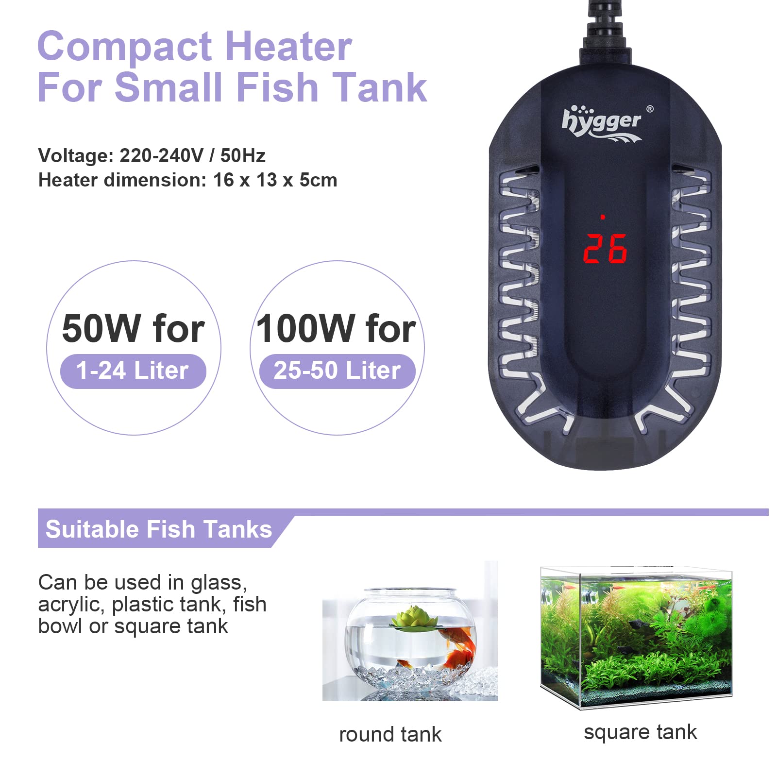 Hygger Calentador de Acuario, Calentador de Agua Acuario 50w Ajustable Calentador Rápido para con Controlador Externo Y Termómetro Integrado para 1–24L Acuario