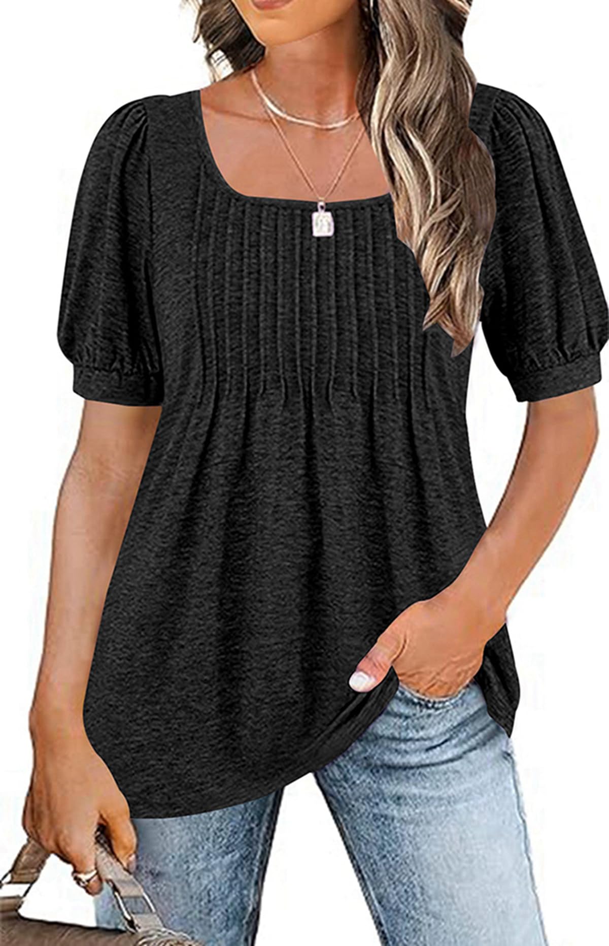 Naivikid 2025 Women's Puff Short Sleeve Tunic Tops Pleated Crew Neck Blouses Dressy Casual Loose Summer T-Shirts S-XXL