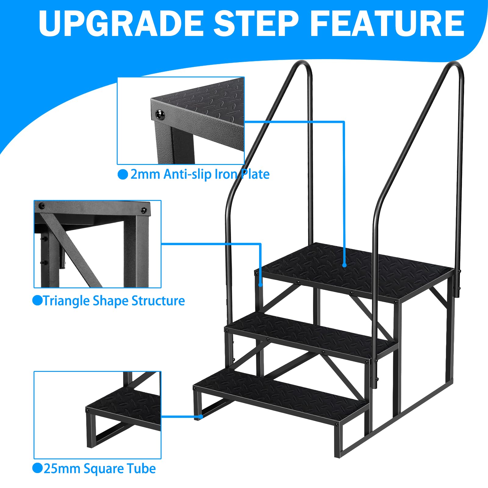 Escalera 3 peldaños con 2 Asa, Eescadote Antideslizante para Autocaravana, Estanteria Escalera Litera Caravana de Acero máx 300 kg