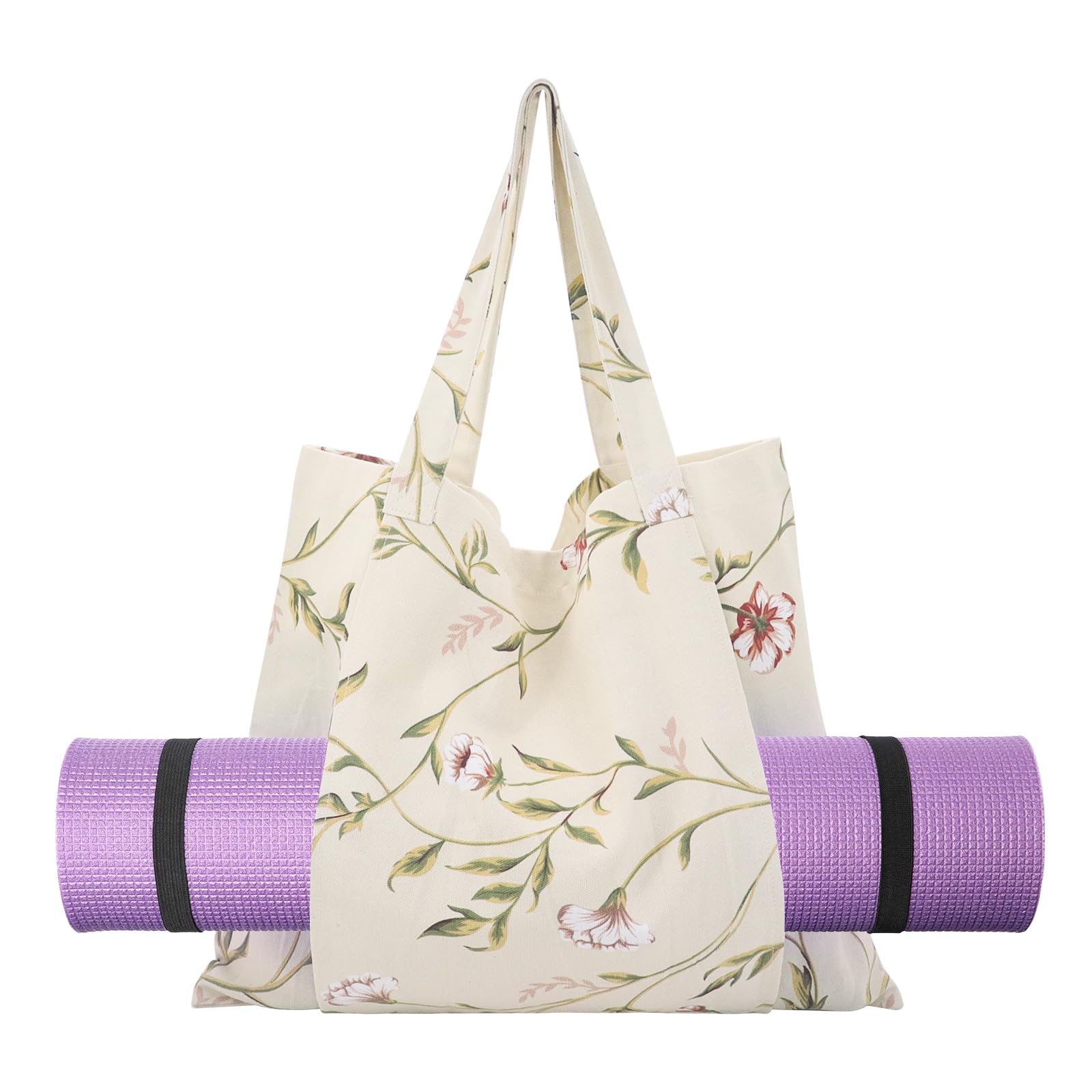 Yuhtech Yoga Mat Bag, Large Pilates Bag Womens, Canvas Yoga Mat Carrier with Yoga Mat Holder Pocket, Women Sport Gym Bag for Pilates, Motion (White)
