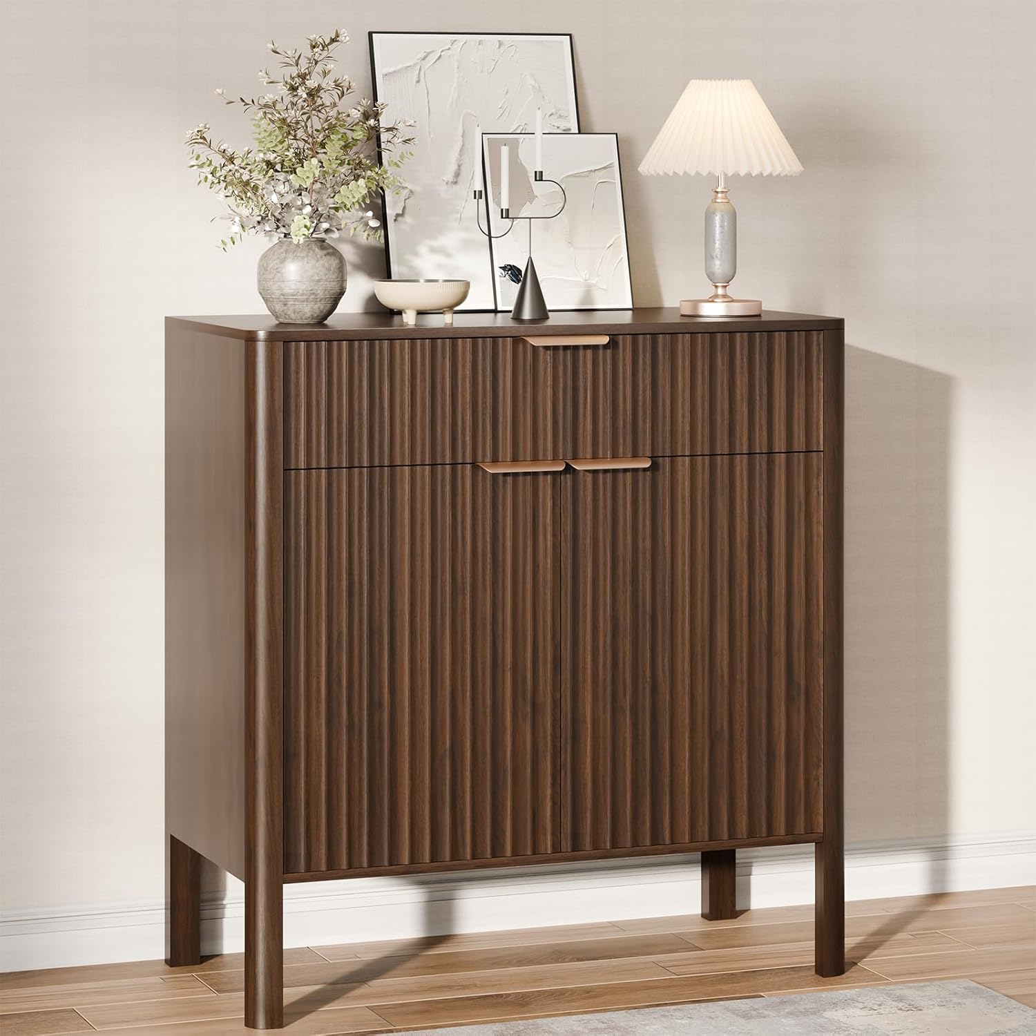 Sideboard Buffet Cabinet with Storage - Modern Fluted Credenza with Doors & Drawer, Accent Cabinet Coffee Table Bar Counter Bookcase for Living Room Kitchen Dining Room Entryway 31" H Walnut Walnut 31 Inch