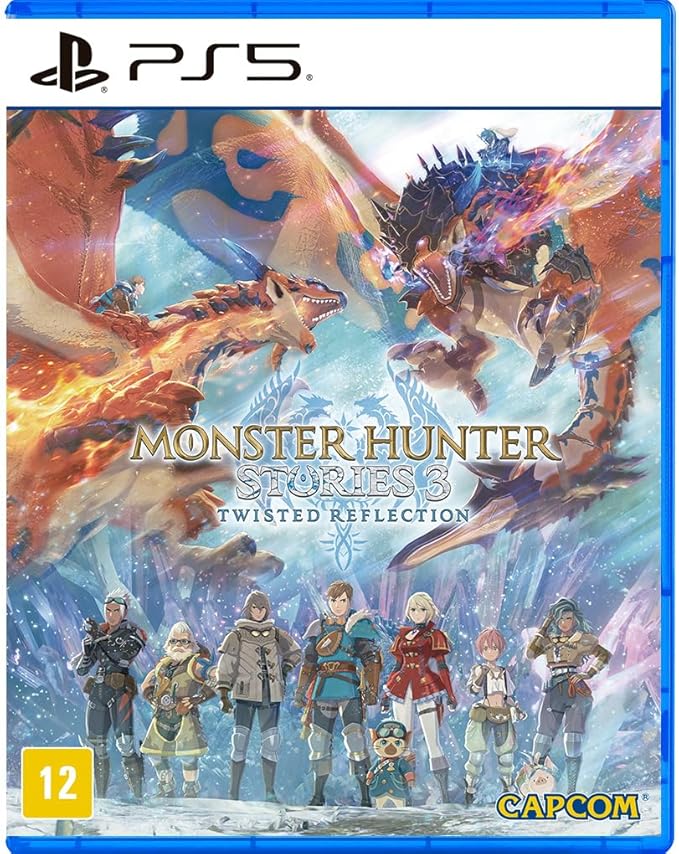 Capa física do jogo Monster Hunter Stories 3 Twisted Reflection para PlayStation 5 com arte dos personagens e monstros