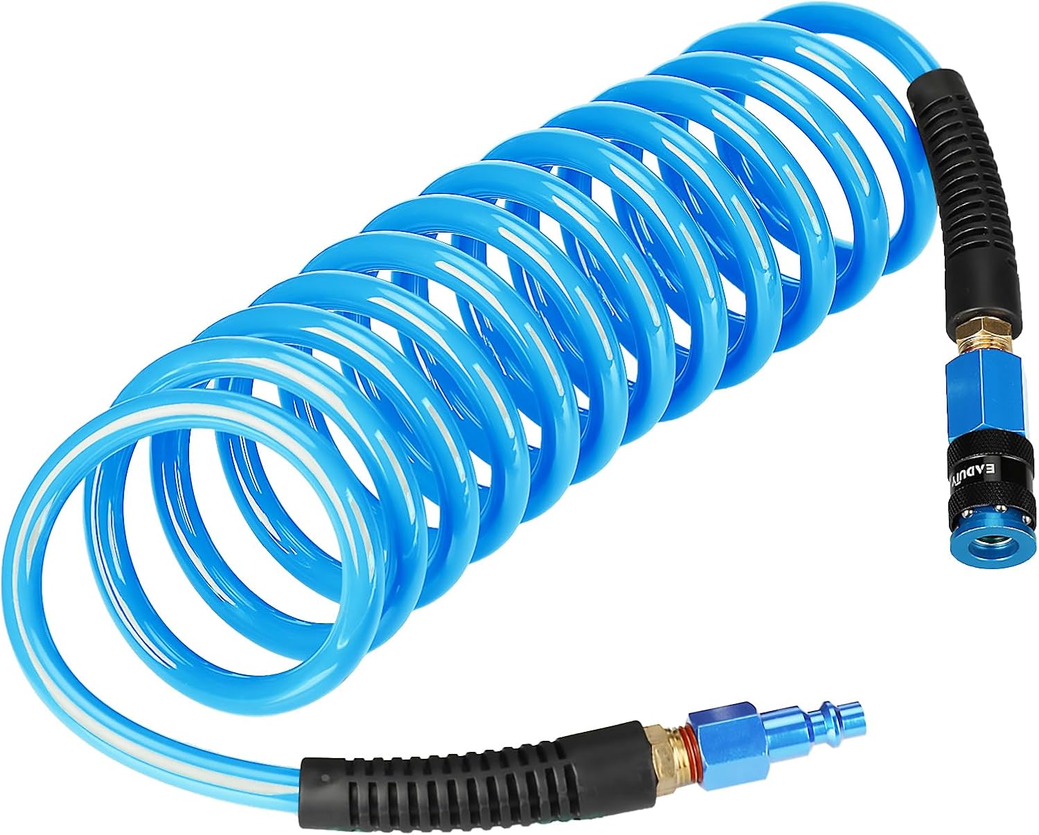 Heavy Duty Polyurethane Recoil Air Hose 1/4 in x 10 ft, Lightweight, Flexible Compressor Hose with Universal Quick Coupler, Plug and Bend Restrictors, Blue
