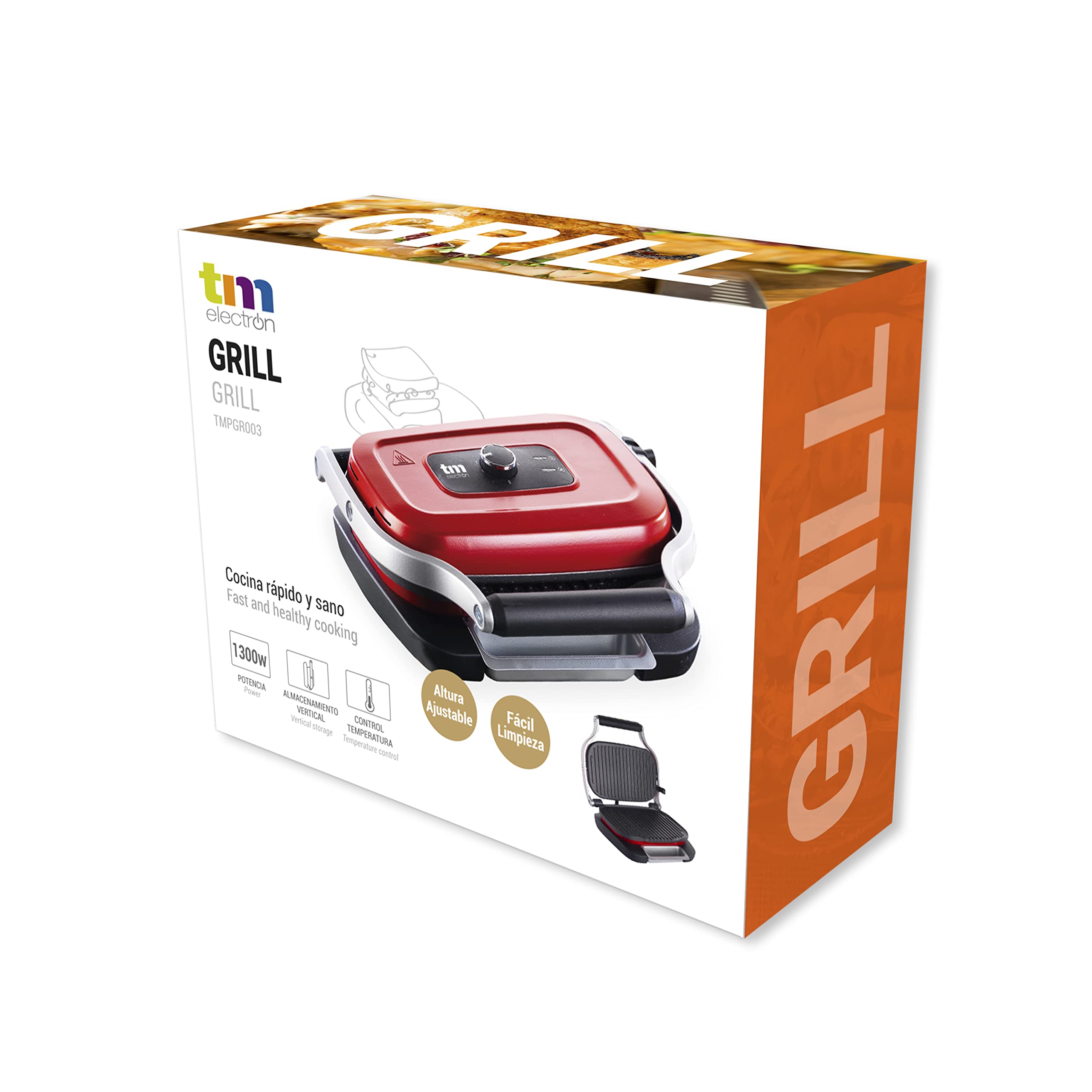 TM Electron TMPGR003RED grill eléctrico estilo retro, calentamiento rápido, revestimiento antiadherente de 5 capas, control de altura y temperatura, bandeja de residuos extraíble, 1300W