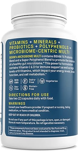 Miniatura 3 de BIOHM Multivitamínico para mujeres y hombres, microbioma multi con probióticos (60 cápsulas, 30 porciones) 21 vitaminas y minerales, té verde,