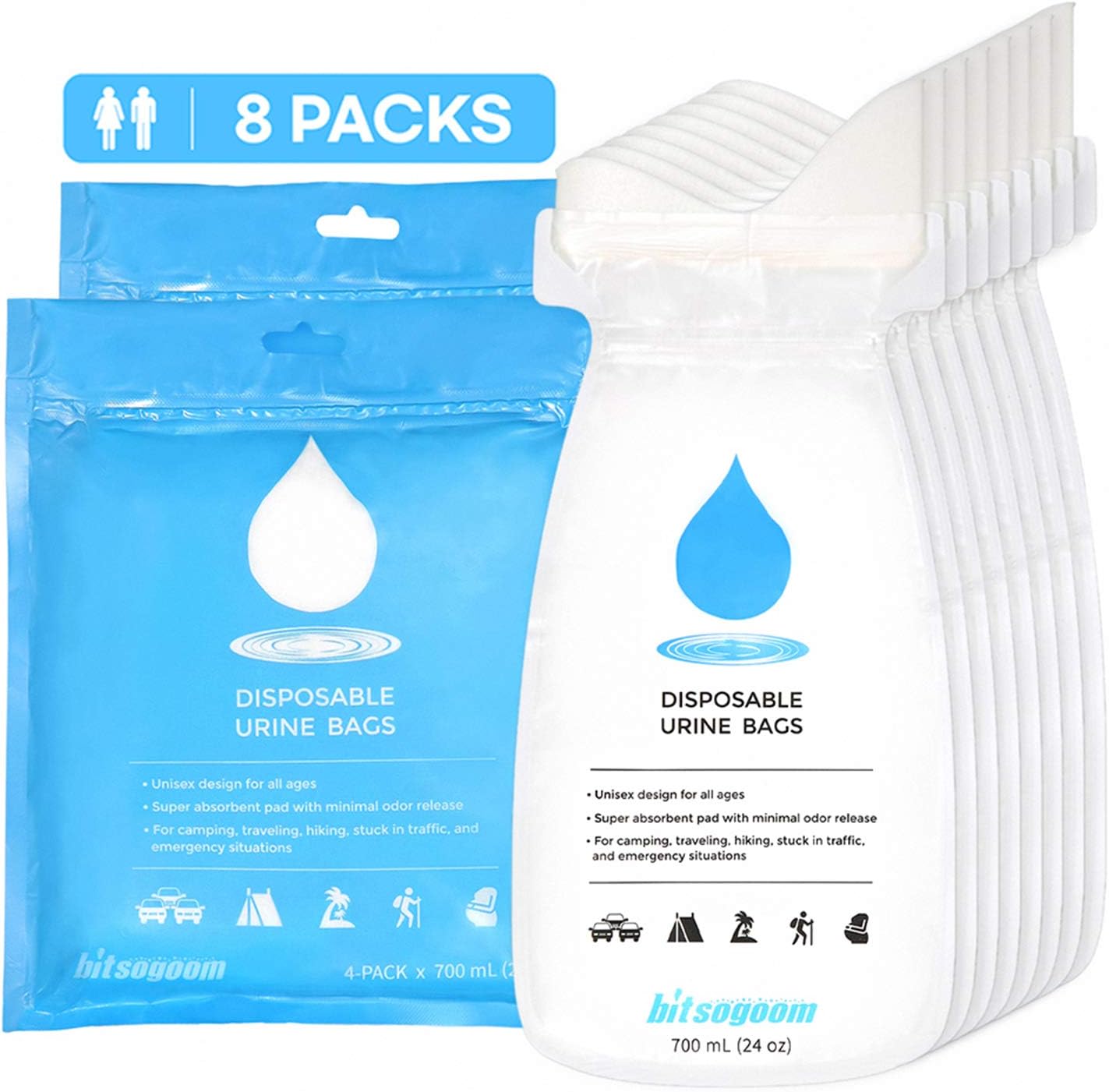 BITSOGOOM Disposable Urine Bags Portable Urinal Pee Bags (8-Pack) for Emergency, Travel, Camping, Driving, Traffic Jam, Hiking - for Men, Women, Children