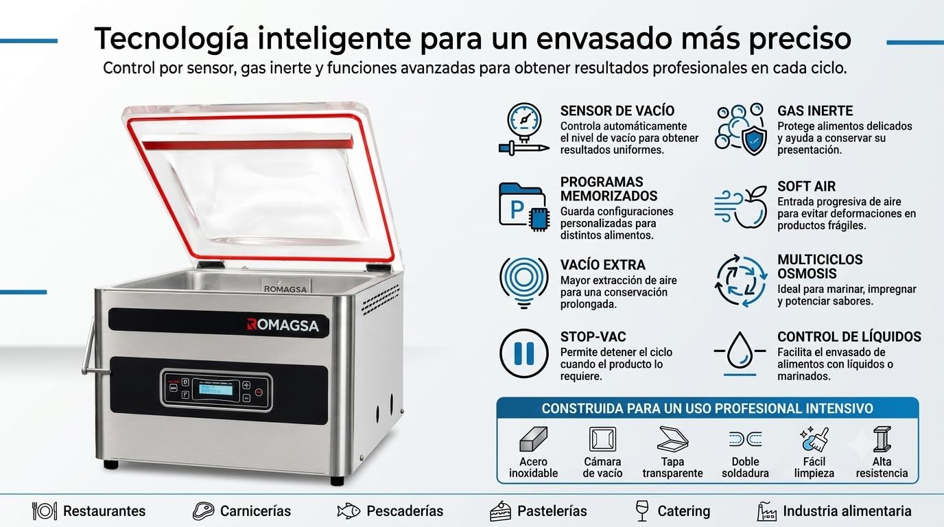 Envasadora al Vacío Profesional V220S con Sensor Botonera Electrónica | Bomba 20 m³/h | Doble Barra de Sellado 2 x 450 mm | Gas Inerte | Máquina para Hostelería Profesional