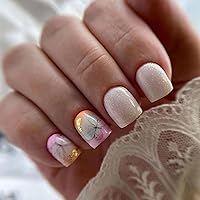 Vista 15 de Uñas postizas a presión de otoño, uñas postizas cortas cuadradas de MABKJLF de cobertura completa con diseños de diente de león, uñas adhesivas