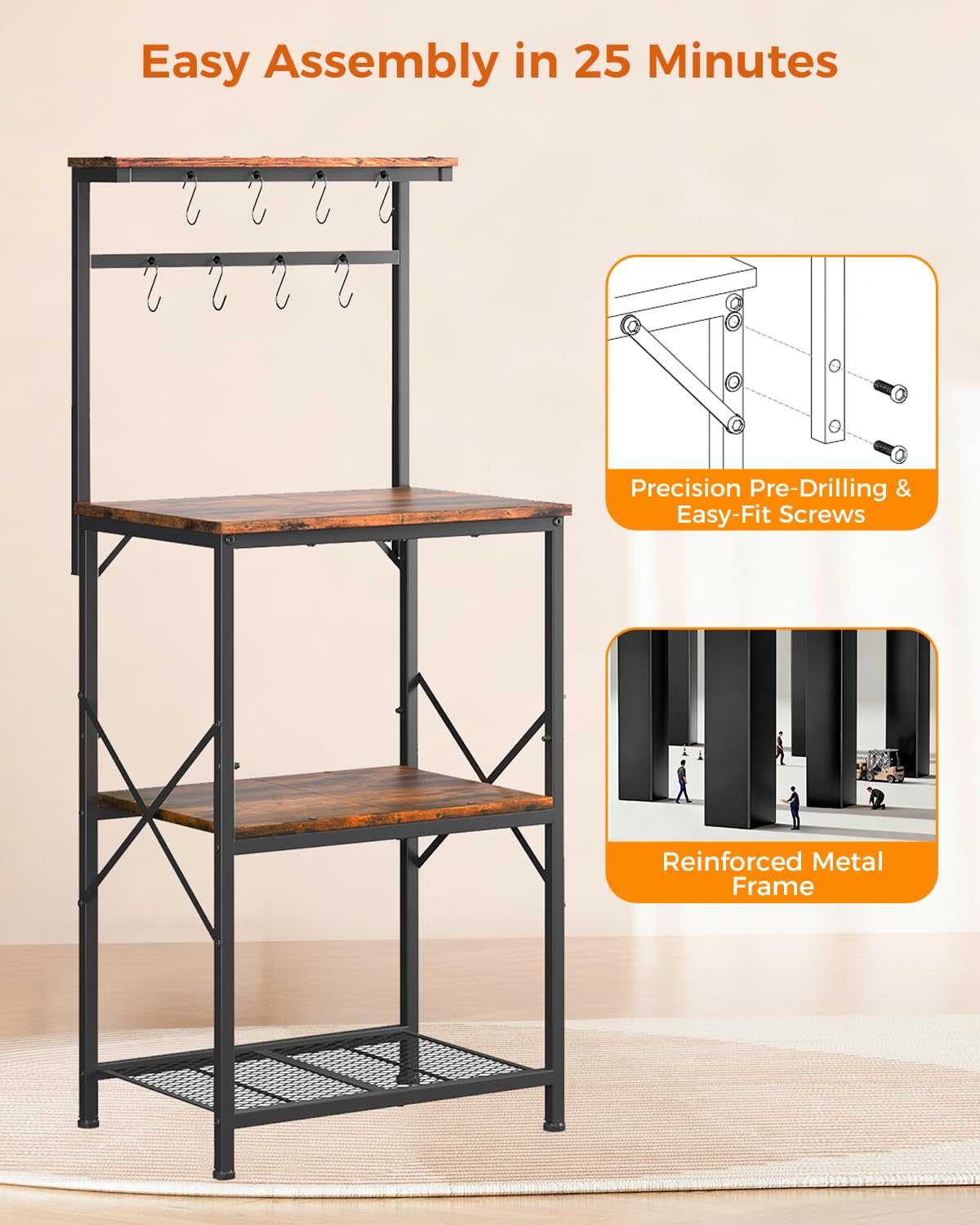 COMHOMA Scaffalatura,Scaffale Cucina,Scaffale a Piede,Scaffale per Microonde,Scaffale Spezie,Libreria con Protezione Anti-Ribaltamento,Mobile con 4 Ripiani,8 Ganzi a S,55x37x126cm,Marrone Vintage