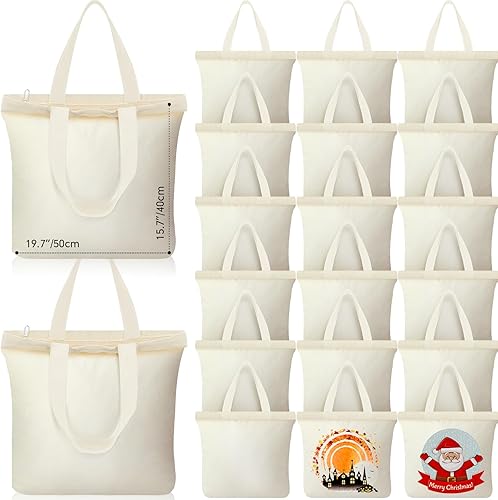 Miniatura 9 de Silkfly 20 Bolsas de Lona a Granel de 16.5x13.4'' Bolsas de Lona de Algodón en Blanco con Asas y Cremallera Reutilizables Lisas para Comestibles