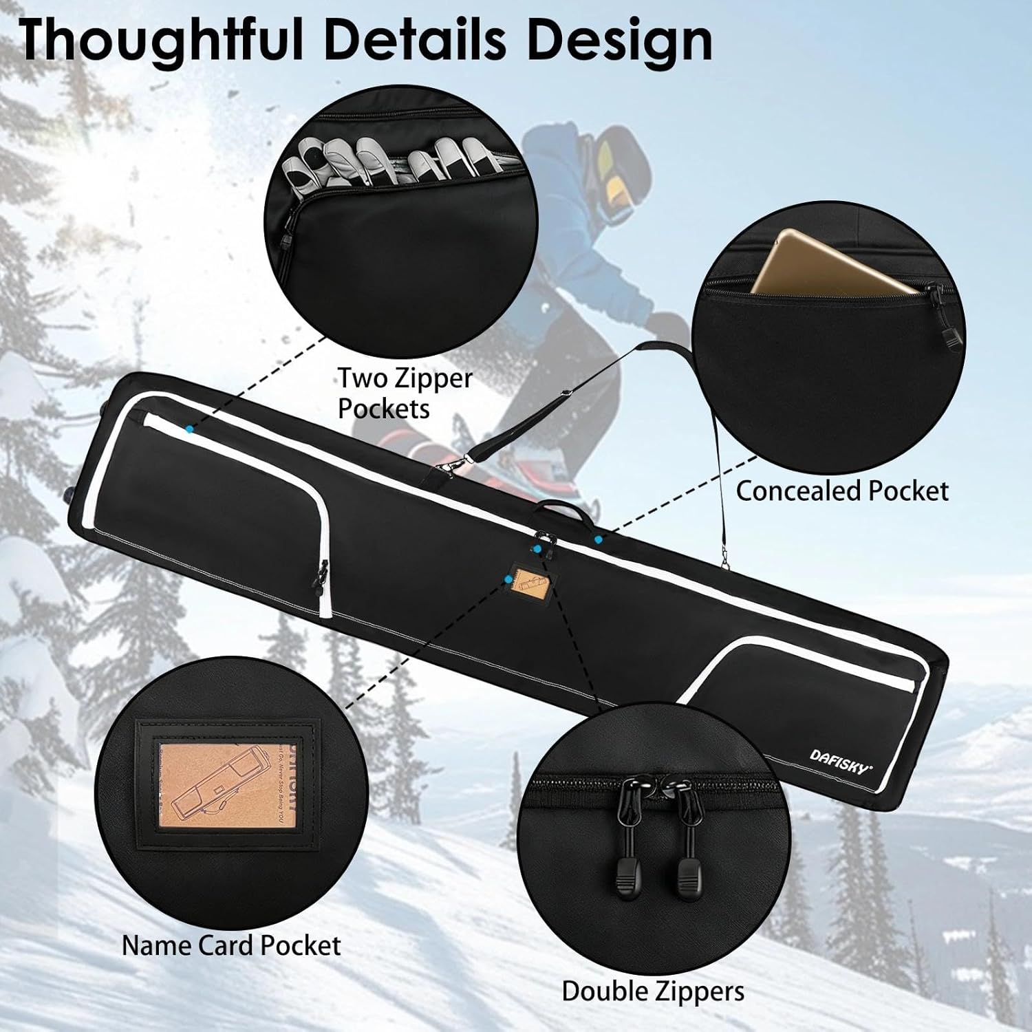 DAFISKY Ski Bags for Air Travel - Ski Bag with Wheels Fit Single Snowboard or Double Skis up to 175 or 190 cm All-Round Padded Protection for Boots, Helmet, Ski Gear