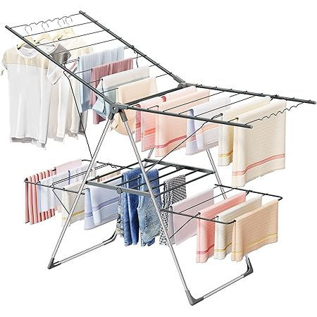 Clothes Drying Rack With 4 Wings, Stainless Steel Drying Rack Clothing Height Adjustable Foldable Gullwings Laundry Drying Rack Indoor Outdoor Use Assembly