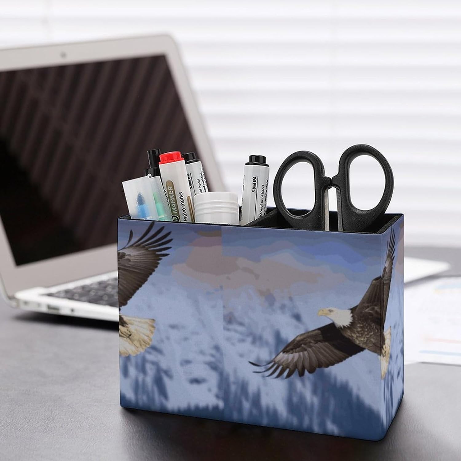 MUSM Bald Eagle Flying Pen Holder with 2 Compartments - PU Leather Desk Organizer Pencil Holder, 5.9"x2.8"x4.3" Stylish Makeup Brush Holder Pencil Cup for Office, Home & Gift image 5