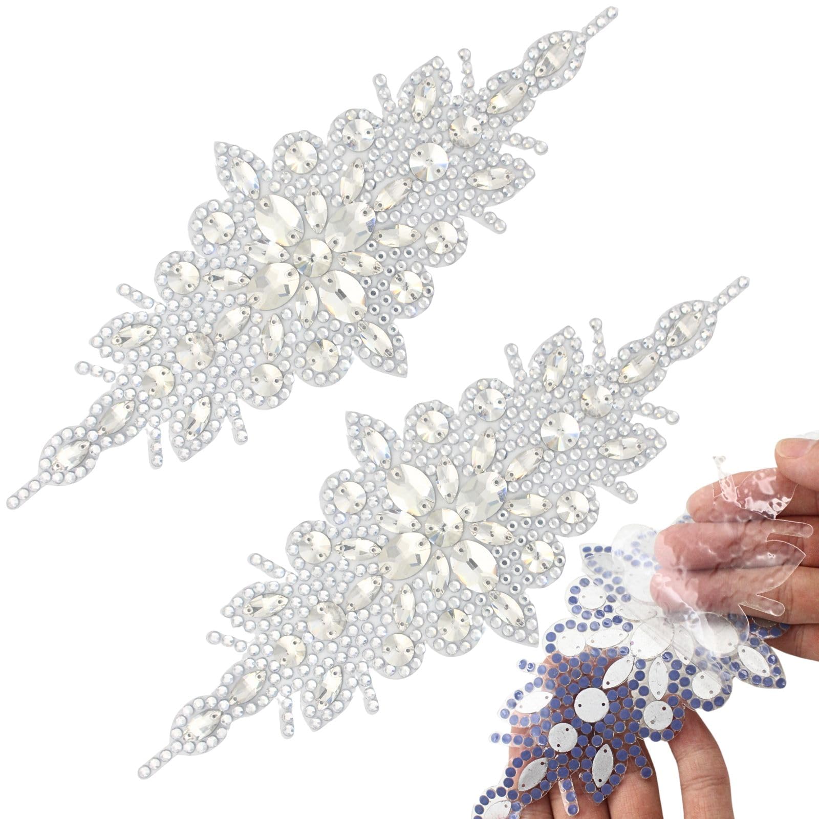PEARLY JUN 2Pcs Self Adhesive Crystal Rhinestone Applique Silver Iron on Rhinestone Transfers Clothing Diamond Embellishments DIY for Bridal Wedding DIY Dress Fabric Accessories