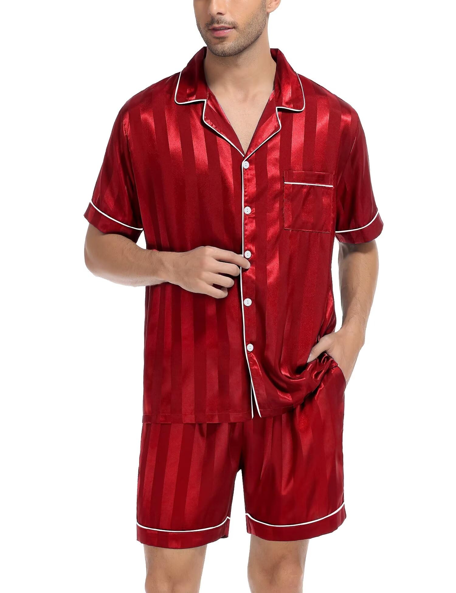 SWOMOG Men Satin Silk Pajamas Sets Short Sleeve Sleepwear Button-Down PJs Sets Two-Pieces Loungewear with Pockets