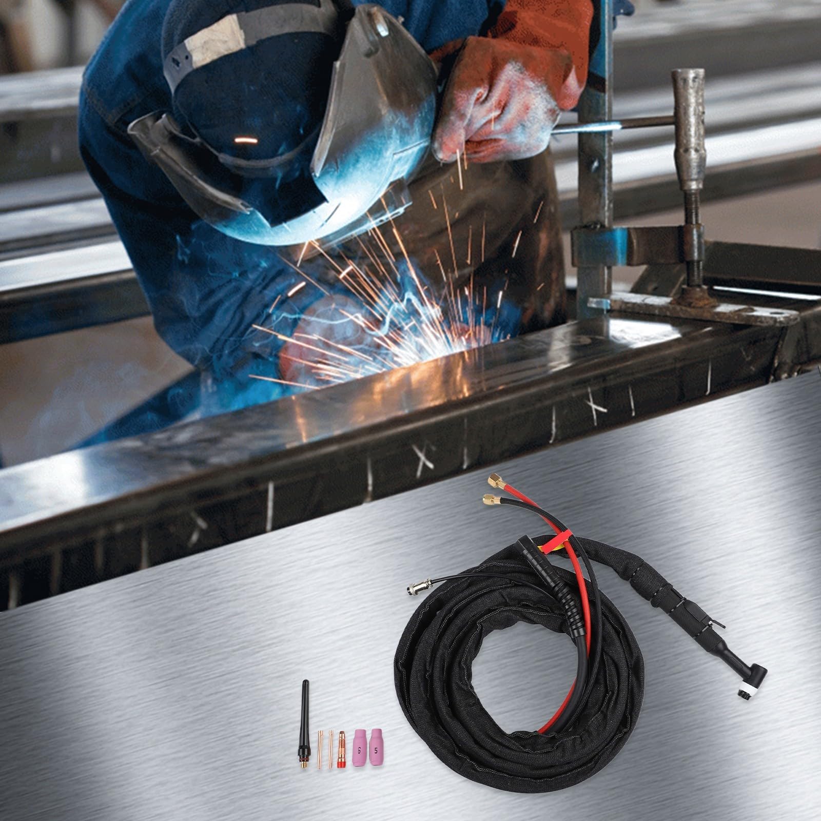 Set di bruciatori per saldatura TIG WP18 raffreddati ad acqua, con cavo da 4 m, bruciatore in bachelite di rame da 350 A, per elettrodi da 1,6 – 3,2 mm, con connettore filettato da 16 mm e custodia