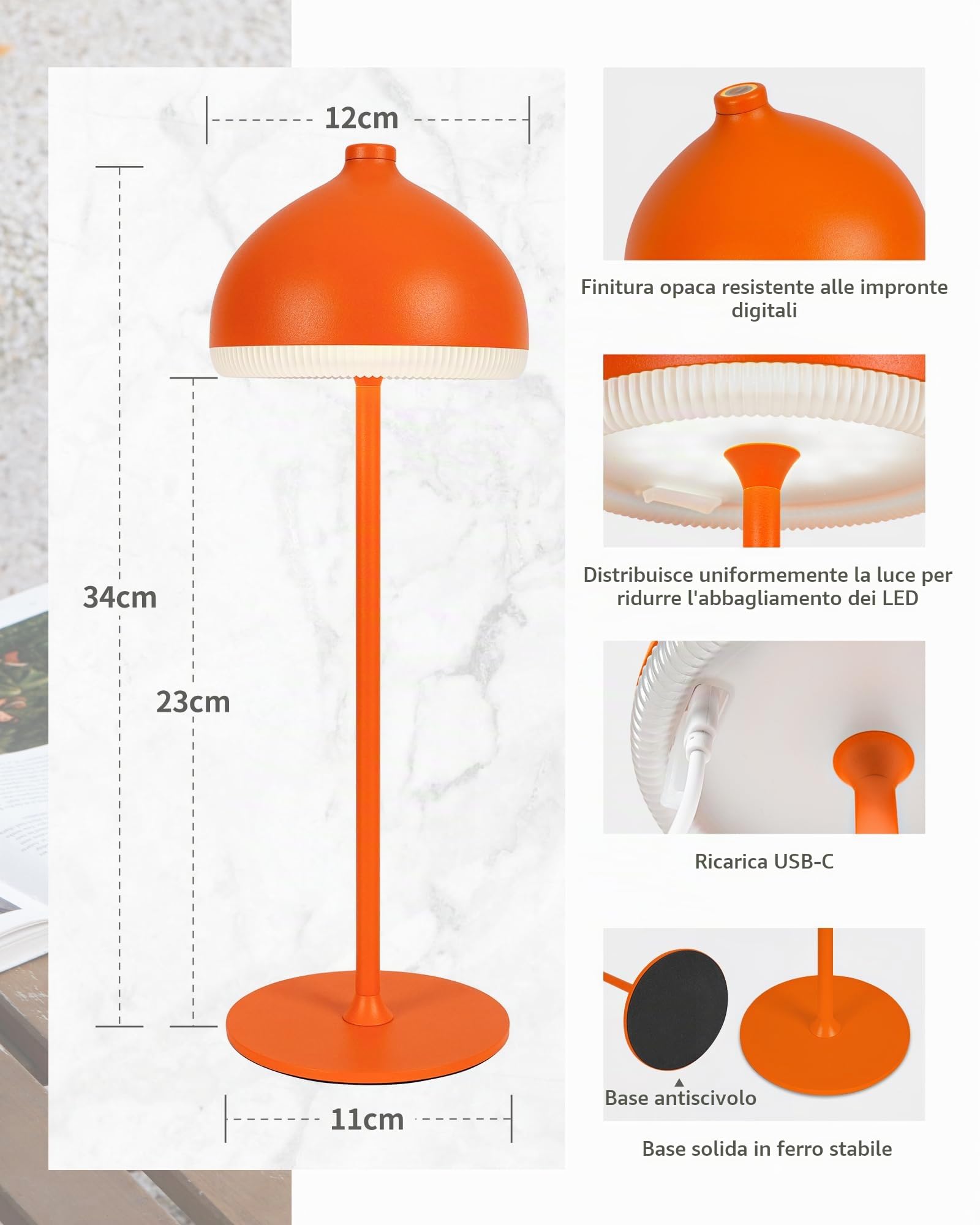 2 Pezzi Lampade da Tavolo Senza Fili Ricaricabile VIOA TL13 | Lampada da Tavolo Ricaricabile, 5200mAh, IP54, 3 tonalità– per camera da letto, terrazza, ristorante e decorazione, Arancione