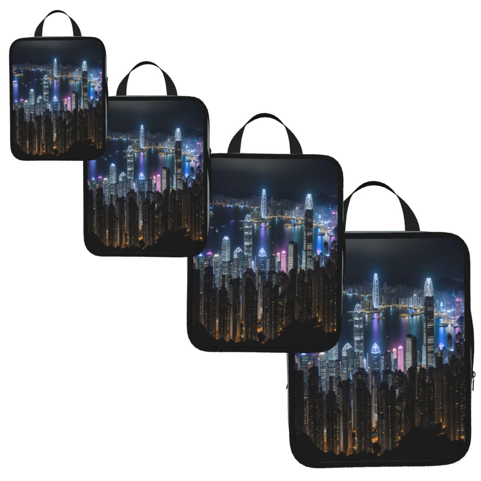 Aerial Night of View Hong Kong Print 4 Set Compression Packing Cubes for Suitcases,Expandable Storage Bag Organizers