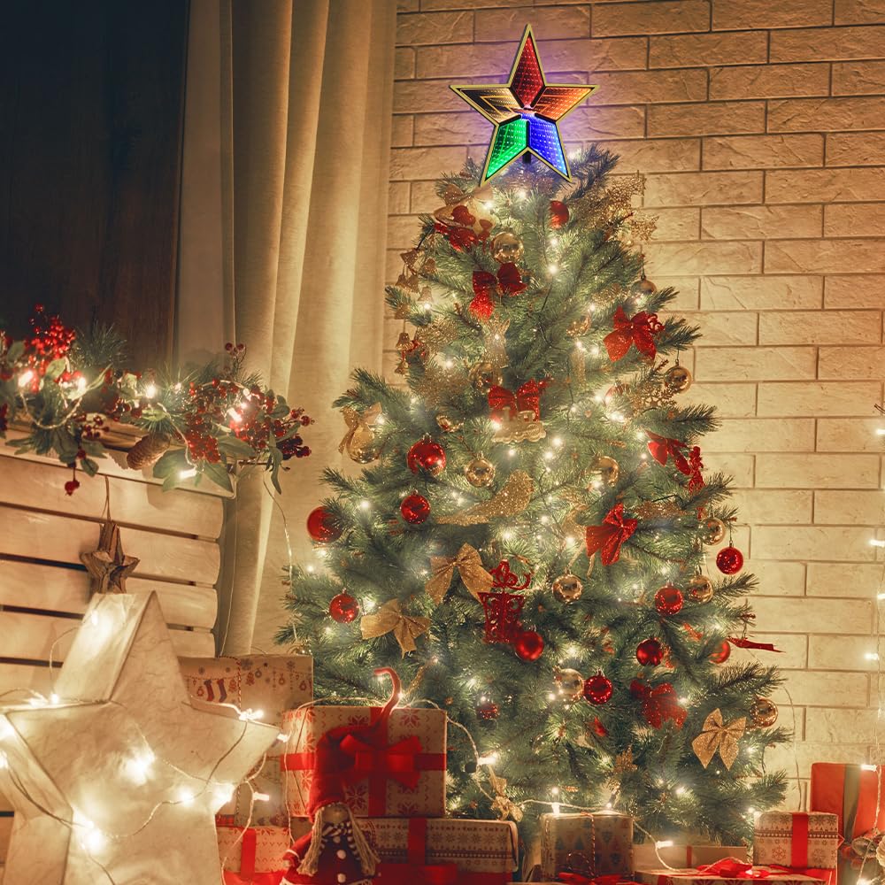 MEETYAMOR Ozdoba choinkowa, 38 cm, 130 diod LED, podświetlany złoty 5-punktowy czubek na choinkę, lustro nieskończoności 3D, kolorowe światła, błyszczące ozdoby świąteczne na wierzchołku drzewa