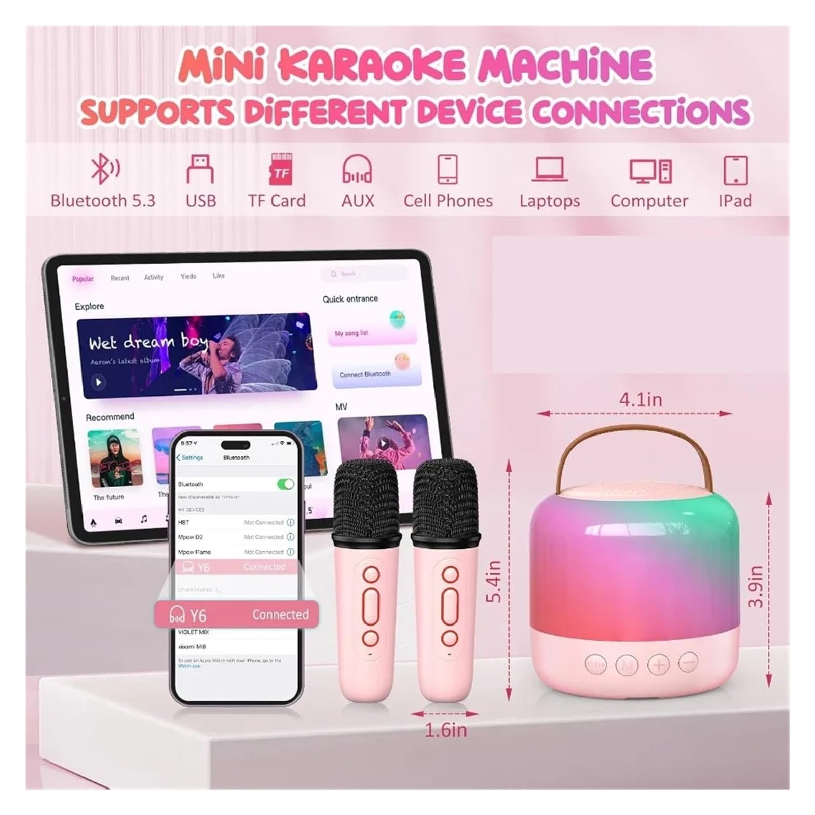 Mini Sprzęt Do Karaoke Z 2 Mikrofonami Bezprzewodowymi Przenośny Głośnik Bluetooth, Prezenty Urodzinowe I Świąteczne Dla Dzieci, Dziewcząt Chłopców Uniwersalna Kompatybilność