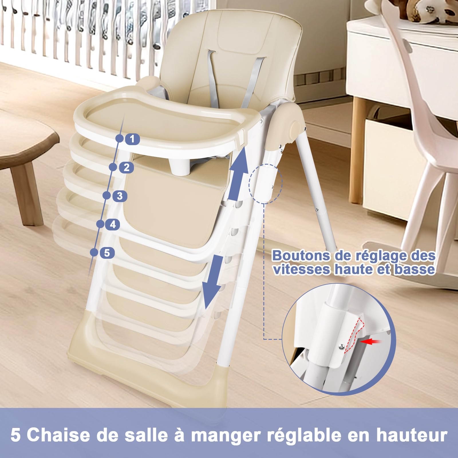 Chaise Haute Bébé, Chaise Haute pour Bébé con Double Plateau Détachable, 5 Positions de Hauteur, 4 Positions de Dossier, Chaise Haute Pliable de 6 à 36 mois