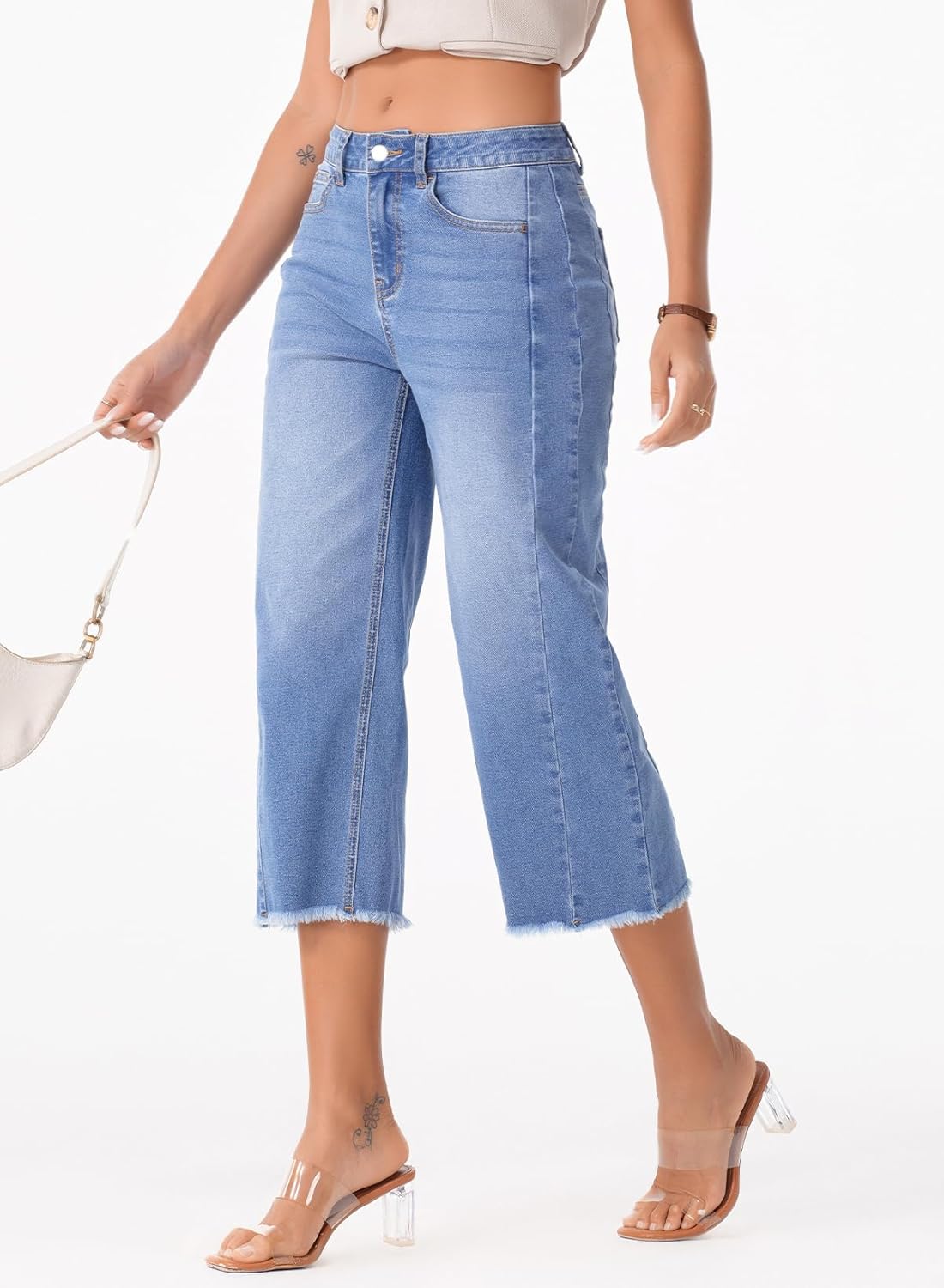 Sidefeel Women's Capri Jeans High Waisted Wide Leg Stretchy Raw Hem Side Seam Zimbaplatinum Denim Pants - Image 3