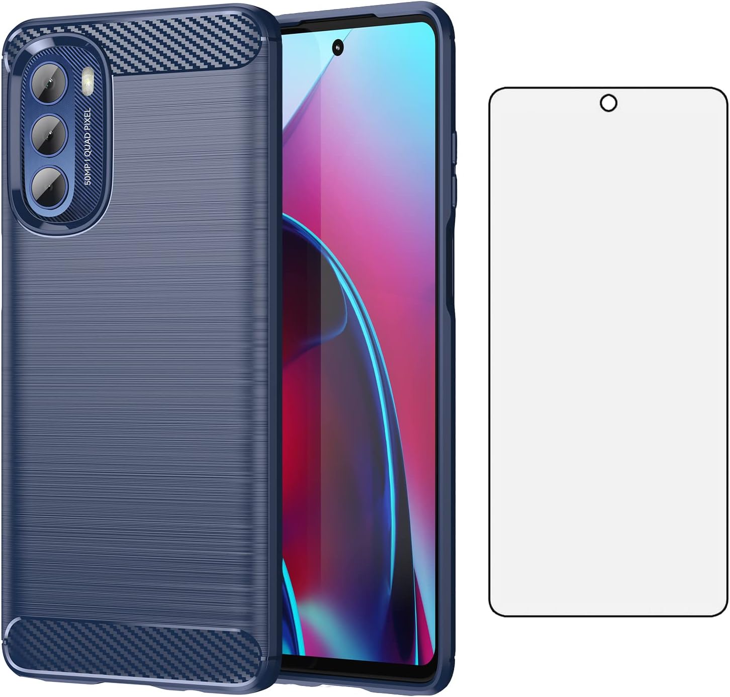 Asuwish Phone Case for Motorola Moto G Stylus 5G 2022 with Tempered Glass Screen Protector Cover and Cell Accessories Silicone Soft Rubber XT2215-1 XT2215-4 XT2215DL Women Men Carbon Fiber Dark Blue