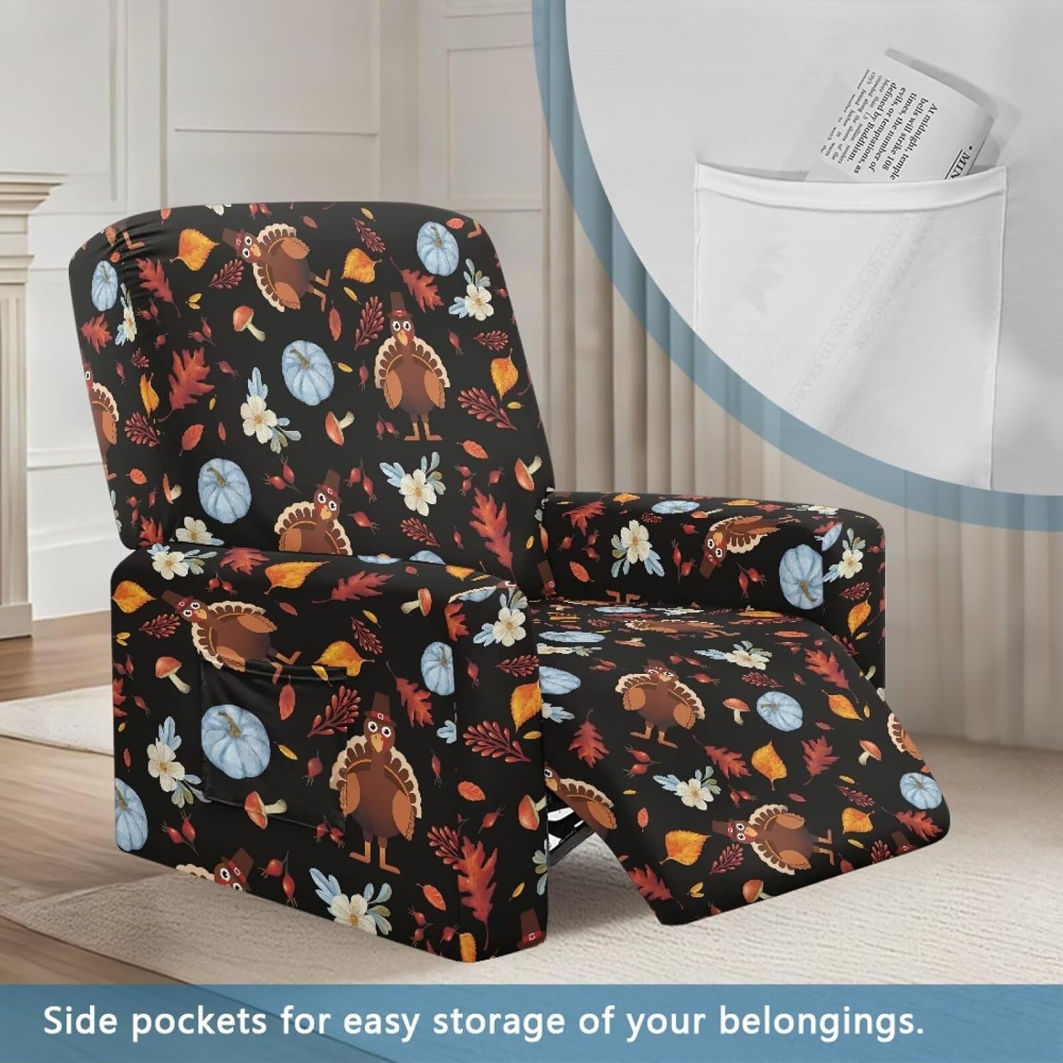 FOR U DESIGNS Turkey Cute Pumpkin Recliner Cover 4 Pieces Stretch Slipcovers Non Slip with Storage Pockets Easy Clean Furniture Protector for Most Recliners Living Room