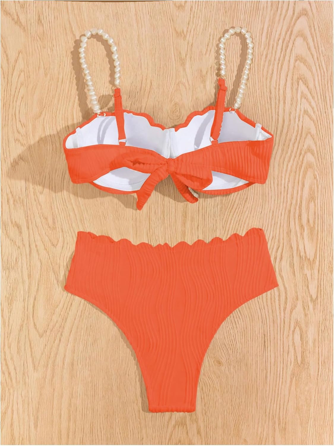 MakeMeChic Women's 2 Piece Bikini Set Textured Pearl Beaded Strap Scallop Trim High Waist Swimsuit - Image 5