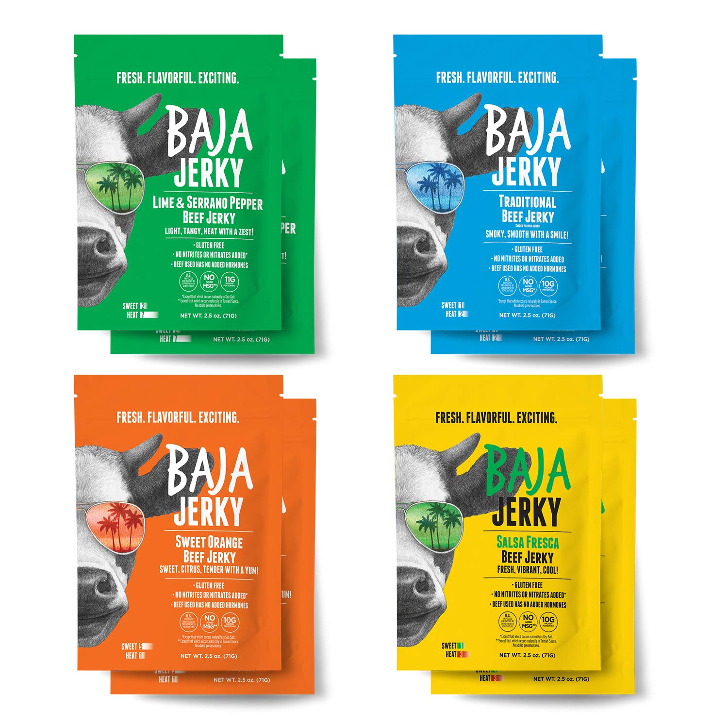 Baja Beef Jerky Sampler Pack - 100% All Natural Beef Jerky, Gluten Free, Low Calorie Craft Jerky, 10g Protein per Serving, No Nitrates or Added Hormones - 8-Pack Variety of 2.5 oz Bag