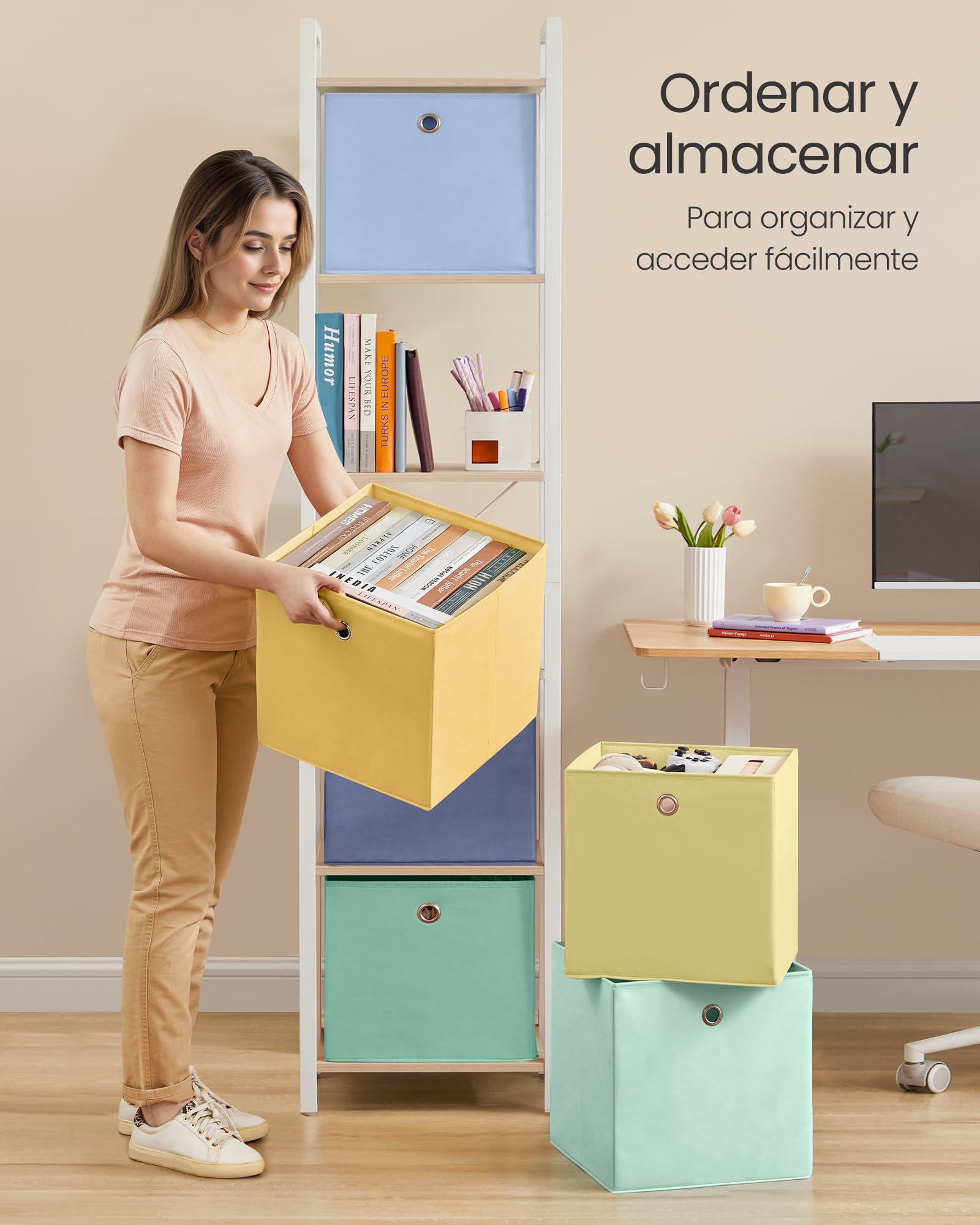 SONGMICS Caja de Almacenaje Plegable 33x33x33 cm Juego de 6 Tela Organizador para Estantería Cúbica