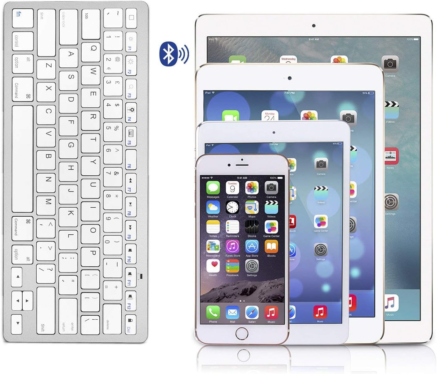 XINKSD Bluetooth Ultra-Slim Keyboard for iPad Air 2 / Air, iPad Pro, iPad mini 4 / 3 / 2 / 1, iPad 4 / 3 / 2 , New iPad 9.7"(2018/ 2017), Galaxy Tabs and Other Mobile Devices (White)