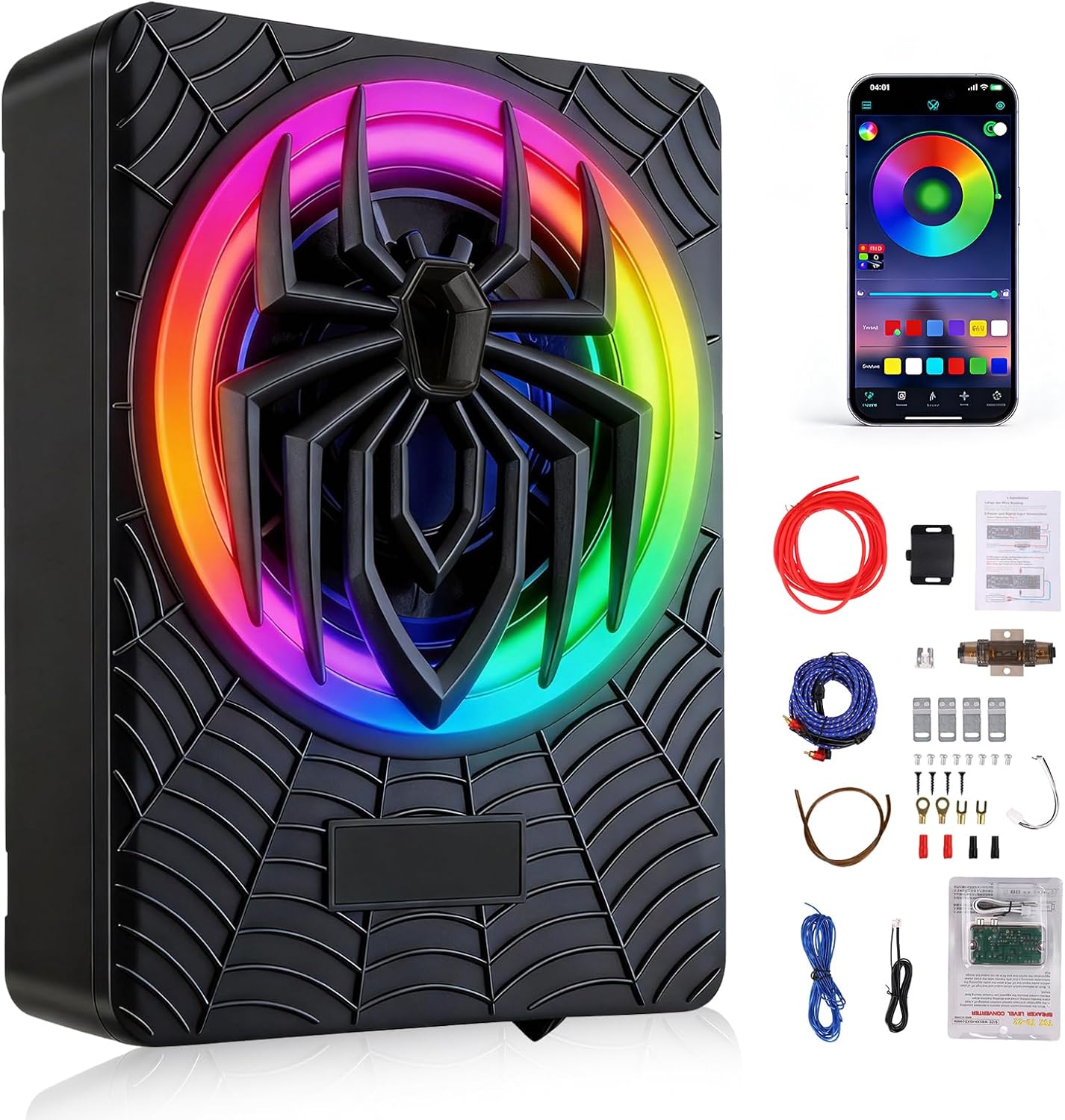 SIXWIN Slim Under Seat Car Subwoofer with Built in Amplifier 1000W 10 inch with 7 Color RGB Light Suitable for Trucks/SUVs/Jeeps/MPVs