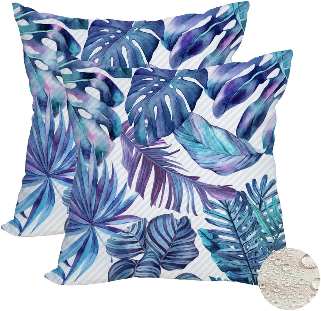 Fukeen 2 Pack Waterproof Outdoor Tropical Leaves Throw Pillow Covers 16x16 Inch Purple Blue Palm Leaf Summer Farmhouse Decoration Pillow Cases Watercolor Plant Botanical Cushion Cover