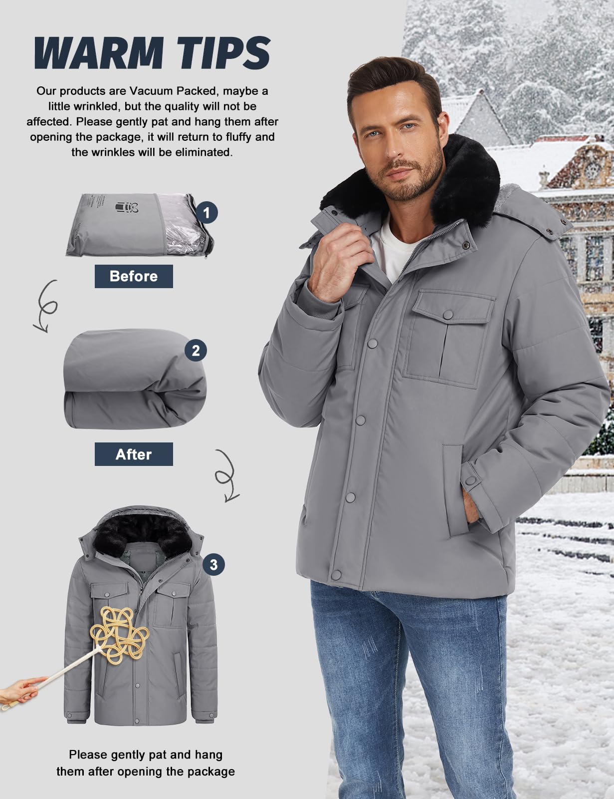 Tuopuda Uomo Giacca Invernale con Cappuccio, Giubbotto in Pile Casual Parka Cappotto Termico Imbottito Giacche con Cerniera e Tasche Giubbino Primavera Autunno