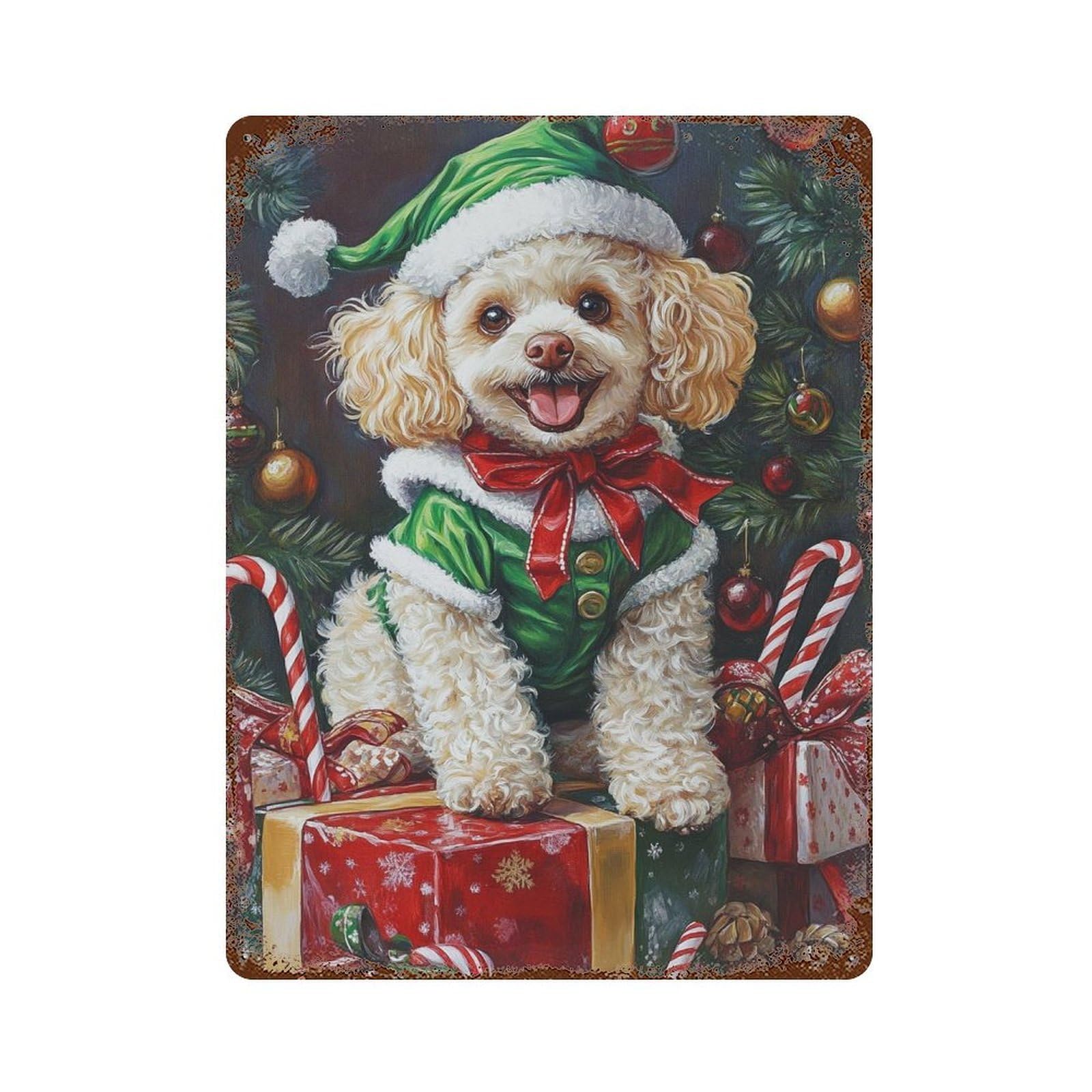 Garage Style Christmas Poodle with Presents-2 Vintage Rust Metal Sign 15.7"x11.8", Industrial Home Decor for Bar And Workshop