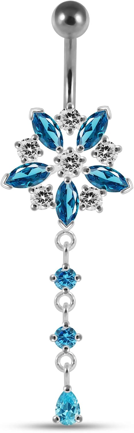 Stylish Flower in Star Dangling Design 925 Sterling Silver with Stainless Steel Belly Ring - Belly Button jewelry - Navel jewelry