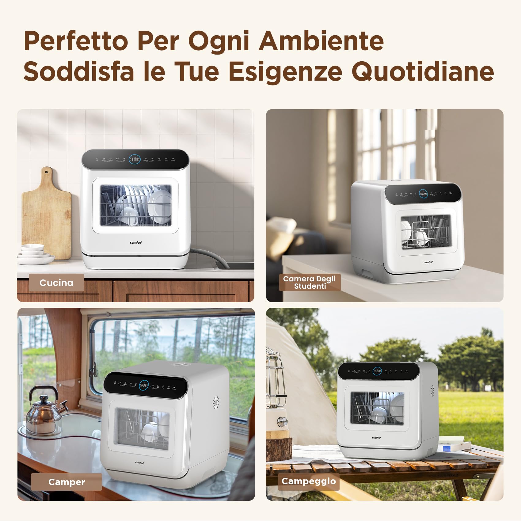 COMFEE' CDWMP305W-IT Lavastoviglie A Libera Installazione, 3 coperti, Design compatto da tavolo 435×420×465 mm, Facile installazione, Riempimento manuale, Programmi multipli, classe energetica D