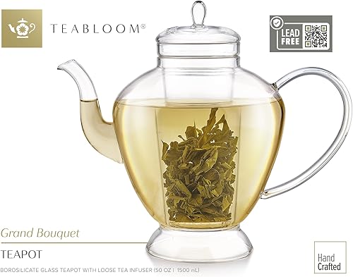 Miniatura 3 de Teabloom Grand Bouquet - Tetera de vidrio con infusor de vidrio Microdot, elegante tetera de borosilicato de 50 onzas para tés de hojas enteras y