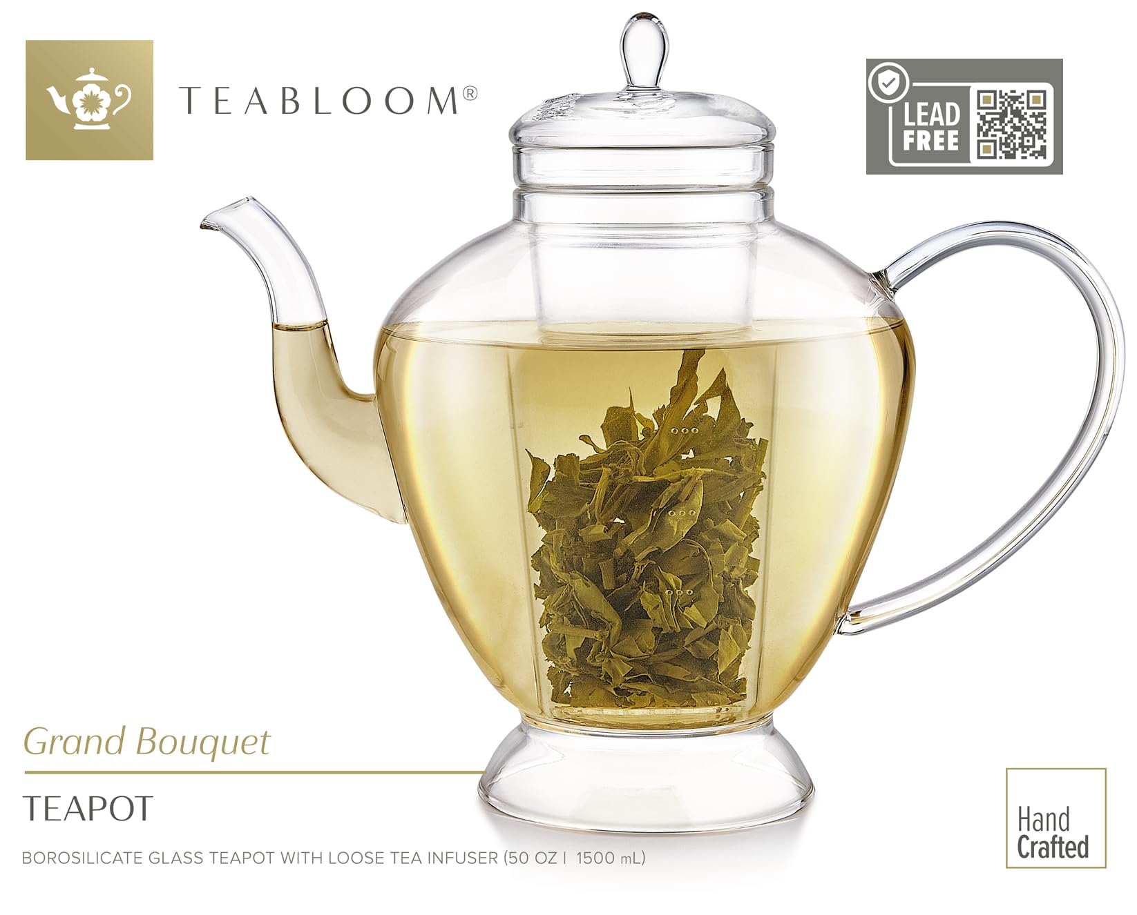 Teabloom Grand Bouquet Glas-Teekanne mit Microdot Glas-Teesieb – Elegante 1,4 l Borosilikat-Teekanne für losen Tee und blühende Blumen
