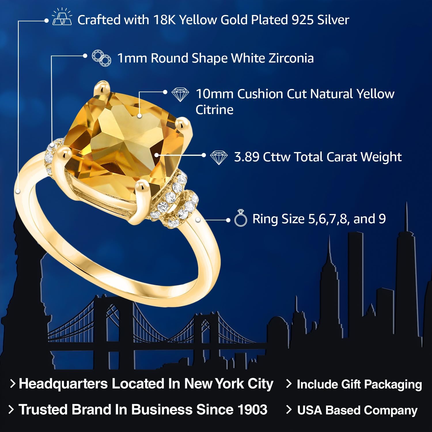 Gem Stone King 3-5 Cttw Gemstone Birthstone Ring For Women | 18K Yellow Gold Plated Silver | Cushion 10MM | Wedding Anniversary Engagement Promise Ring | Size 5-9
