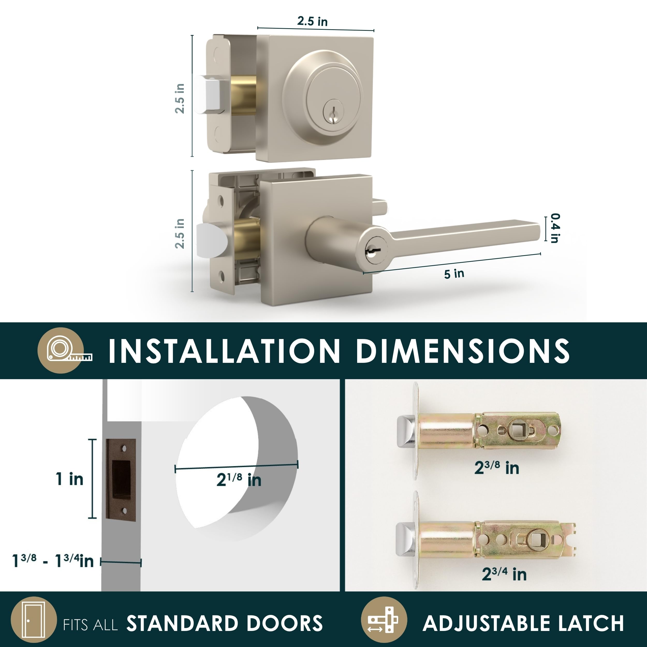 Mega Handles Prime Entrance Combo, manija de puerta de entrada y cerradura de cerrojo de un solo cilindro y combinación de llave, juego de palancas de puerta cuadradas resistentes para puertas zurdas