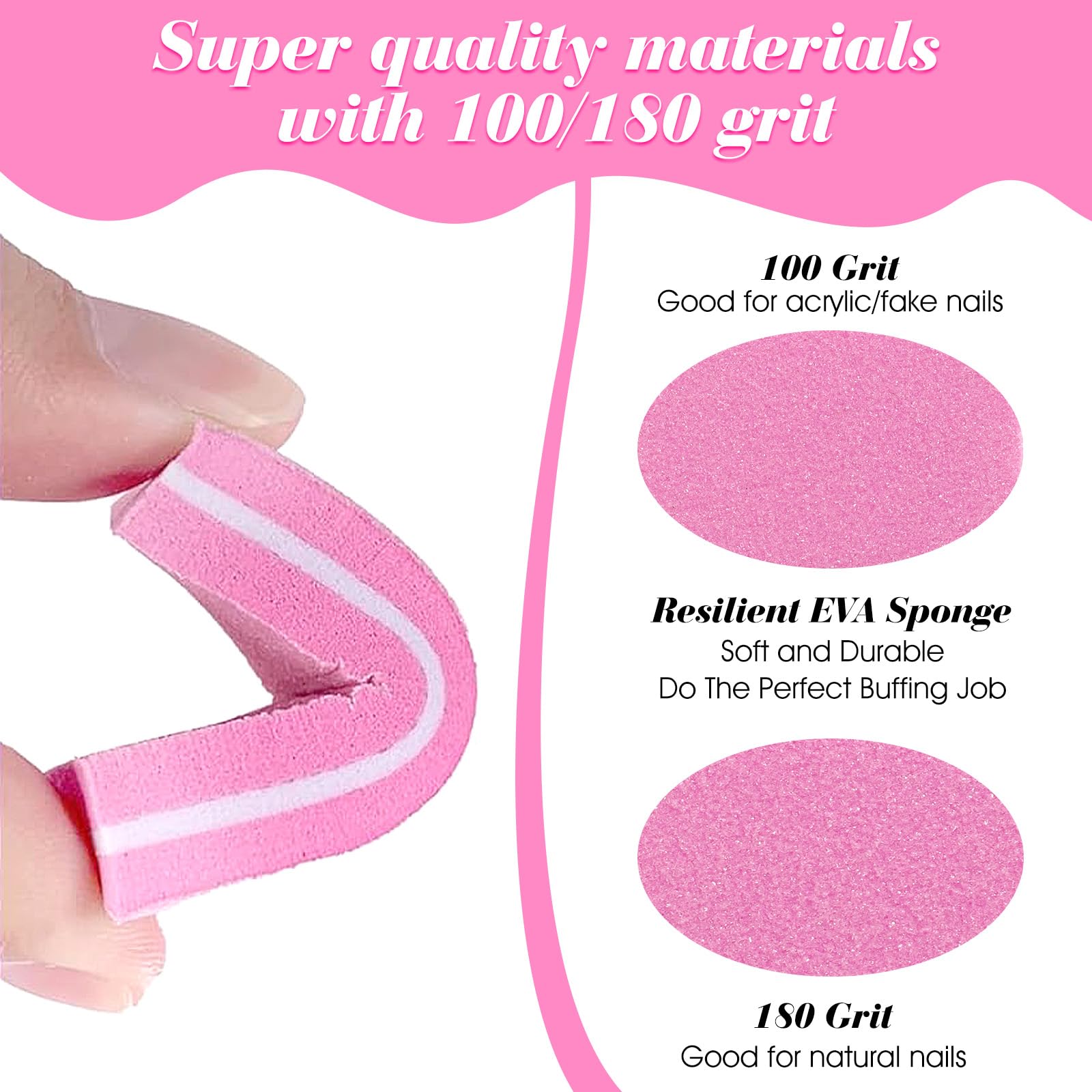Buffer per unghie (confezione da 500), lima per unghie acriliche e unghie naturali, grana 100/180, piccoli blocchi buffer per lucidatura professionale per manicure professionale, colore rosa