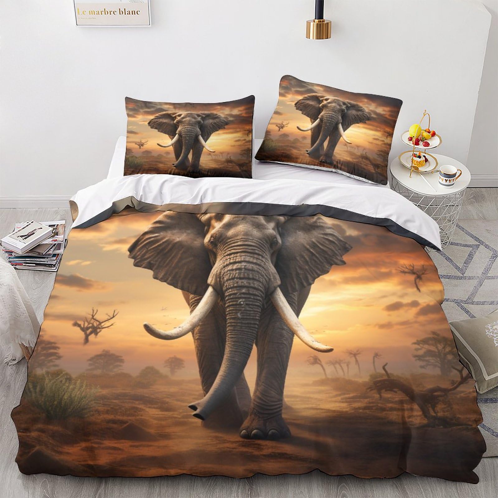 Opsrey Elephant-10 Elephant Comfortable Duvet Cover Set Luxe African Elephant Quilt Cover Set Hidden Zipper With Pillowcases Comforter Cover Soft Microfiber Washable Bedding Set Double（200X200cm）
