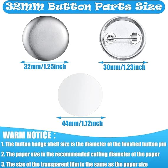 100 Pieces Button Maker Supplies, 1.25 Inch/32 mm Pin Kit for Machine, Metal Badge Sets with Shell Back Cover and Transparent Foil