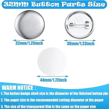 100 Pieces Button Maker Supplies, 1.25 Inch/32 mm Pin Kit for Machine, Metal Badge Sets with Shell Back Cover and Transparent Foil